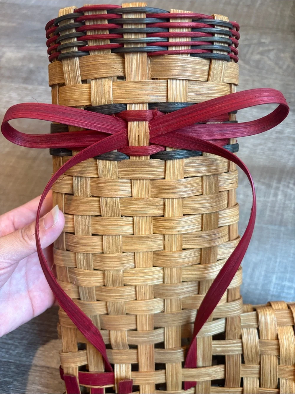 Christmas Stocking Handmade Woven Wicker Basket Holiday Decor Tan/Red